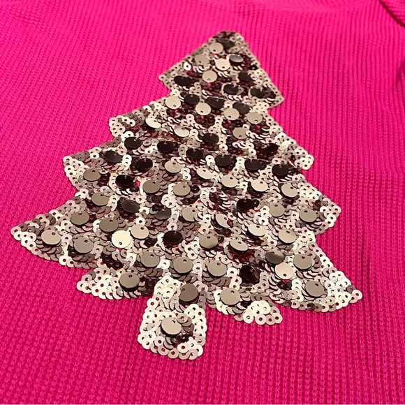 Quacker Factory Shirt Xmas Tree Sequins Festive Pink Thermal Waffle Knit 1X - Picture 4 of 7